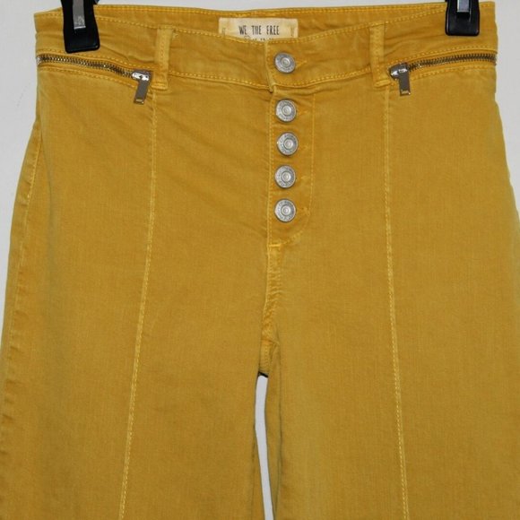 We The Free People Run With Me Pintuck Flare Jeans Mustard Yellow Size 26 HW9946 - Picture 3 of 12